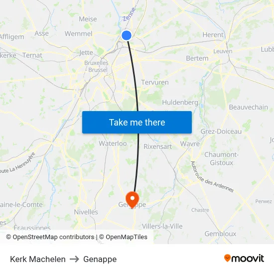 Machelen Church to Genappe map