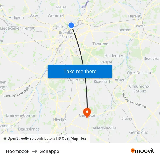 Heembeek to Genappe map