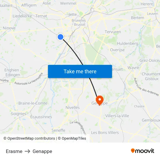 Erasme to Genappe map