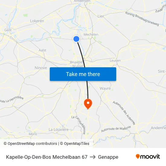 Kapelle-Op-Den-Bos Mechelbaan 67 to Genappe map