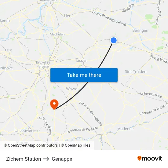 Zichem Station to Genappe map