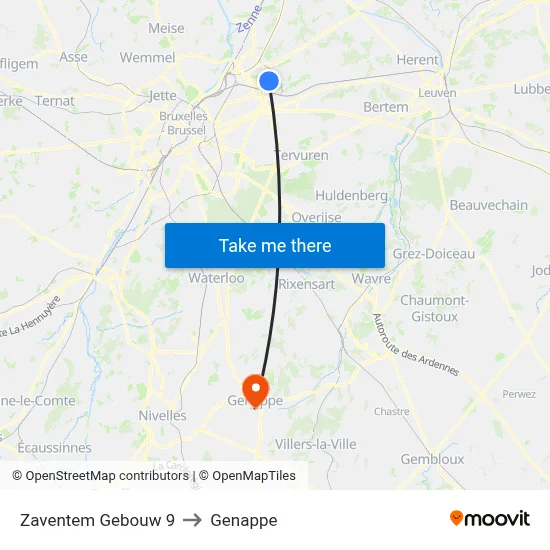 Zaventem Building 9 to Genappe map