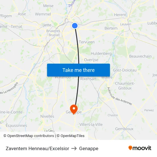 Zaventem Henneau/Excelsior to Genappe map