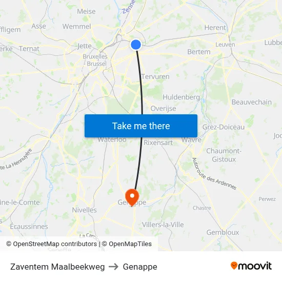 Zaventem Maalbeek Road to Genappe map