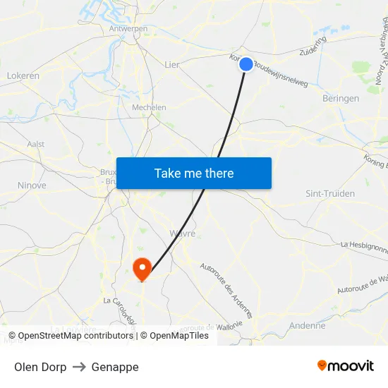 Olen Village to Genappe map