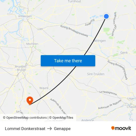 Lommel Dark Street to Genappe map