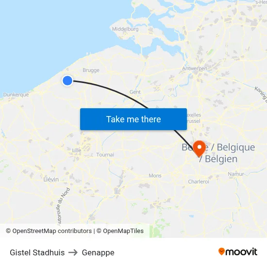 Gistel City Hall to Genappe map