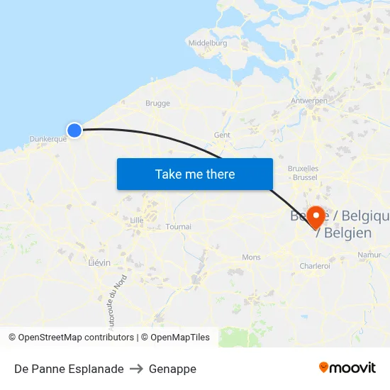 De Panne Esplanade to Genappe map