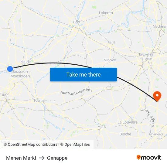 Menen Market to Genappe map