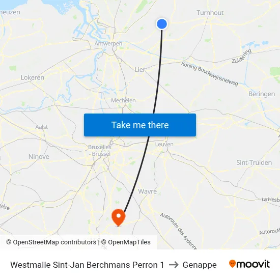 Westmalle Sint-Jan Berchmans Perron 1 to Genappe map