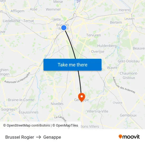 Brussel Rogier to Genappe map