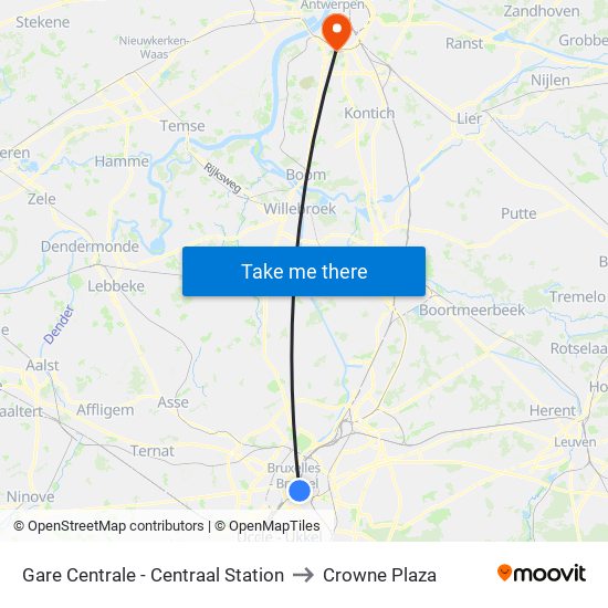 Gare Centrale - Centraal Station to Crowne Plaza map