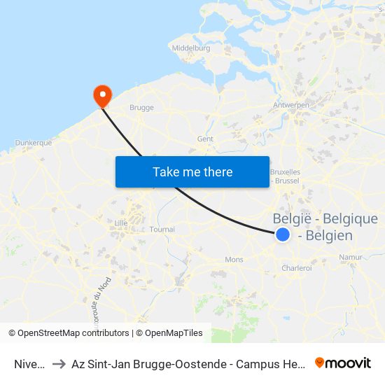 Nivelles to Az Sint-Jan Brugge-Oostende - Campus Hendrik Serruys map