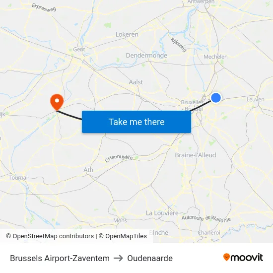 Brussels Airport-Zaventem to Oudenaarde map