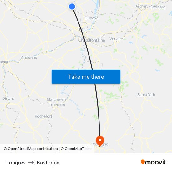 Tongres to Bastogne map