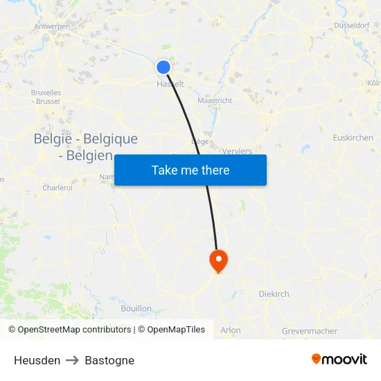 Heusden to Bastogne map