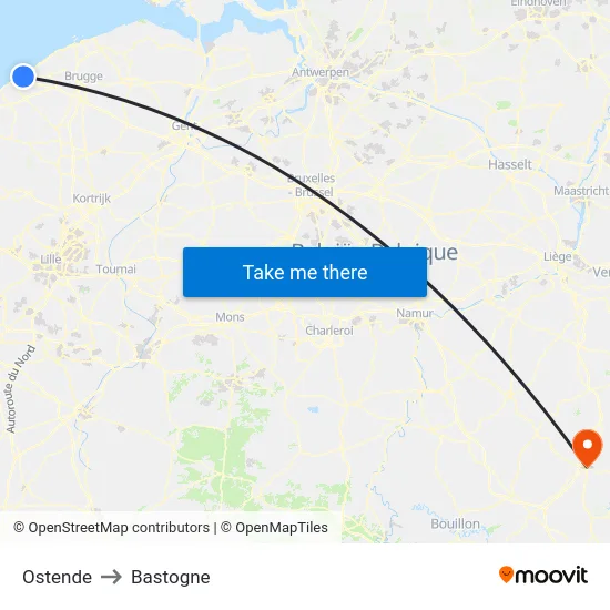 Ostende to Bastogne map