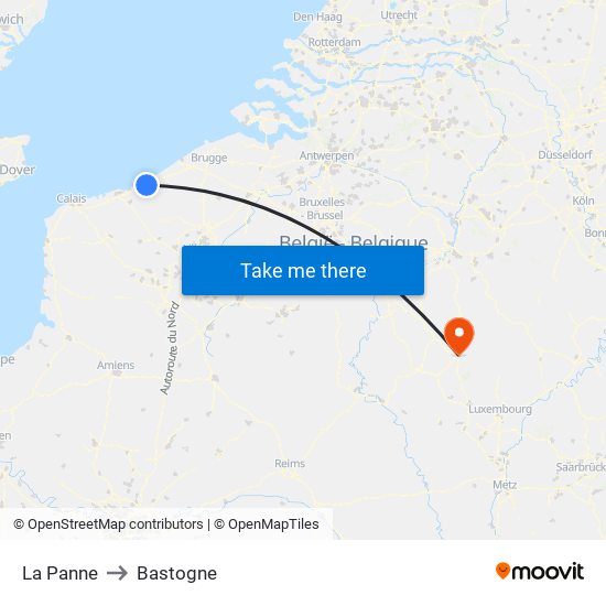 La Panne to Bastogne map