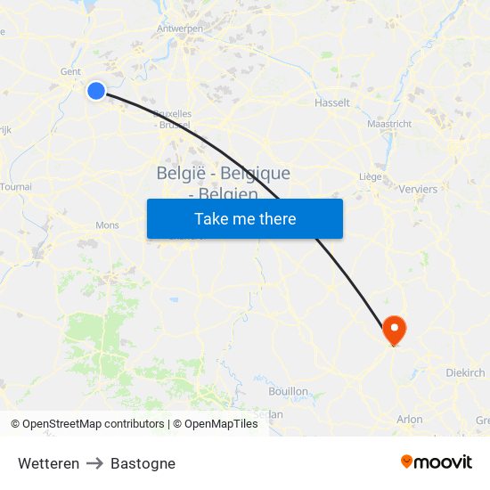 Wetteren to Bastogne map