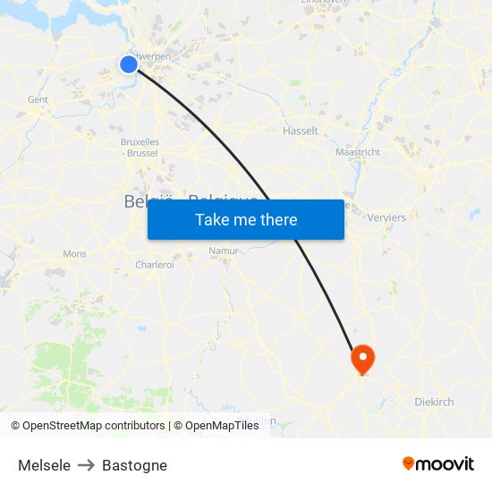 Melsele to Bastogne map