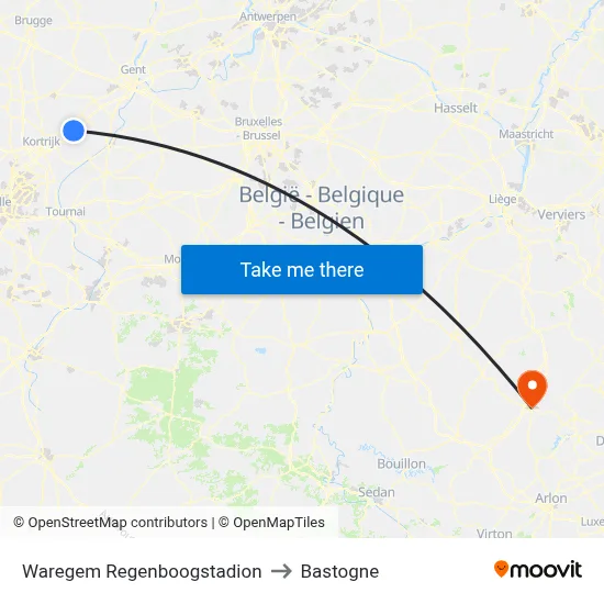 Waregem Regenboogstadion to Bastogne map