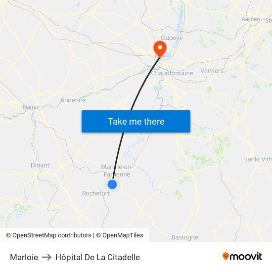Marloie to Hôpital De La Citadelle map