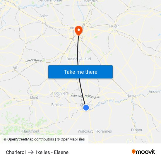 Charleroi to Ixelles - Elsene map