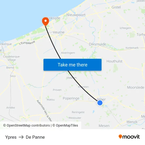 Ypres to De Panne map