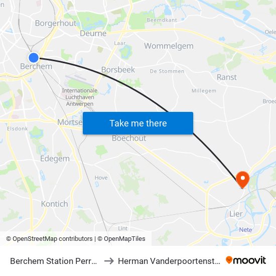 Berchem Station Perron 22 to Herman Vanderpoortenstadion map