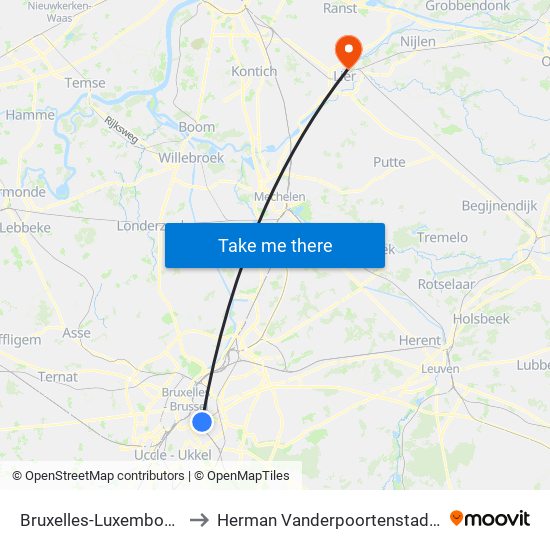 Bruxelles-Luxembourg to Herman Vanderpoortenstadion map