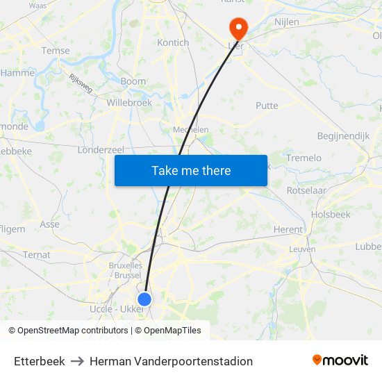 Etterbeek to Herman Vanderpoortenstadion map