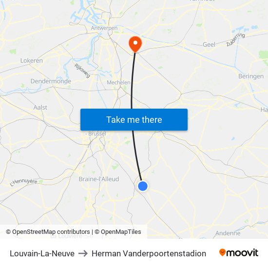 Louvain-La-Neuve to Herman Vanderpoortenstadion map
