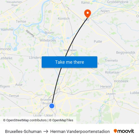 Bruxelles-Schuman to Herman Vanderpoortenstadion map