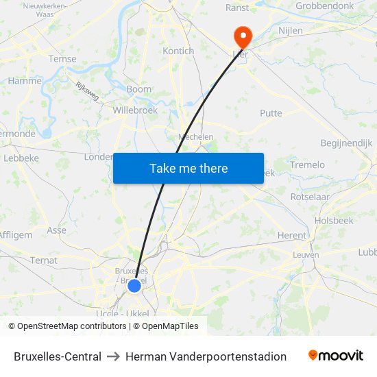Bruxelles-Central to Herman Vanderpoortenstadion map
