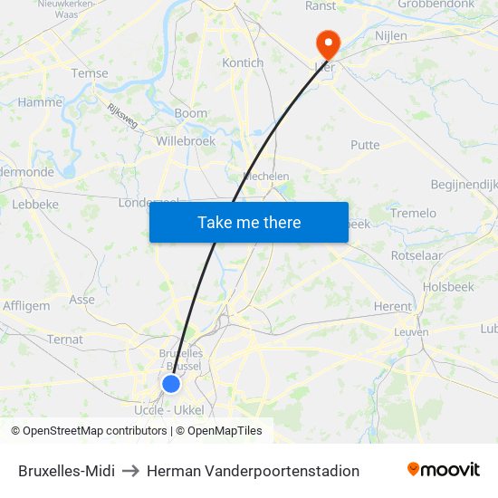 Bruxelles-Midi to Herman Vanderpoortenstadion map