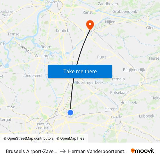 Brussels Airport-Zaventem to Herman Vanderpoortenstadion map