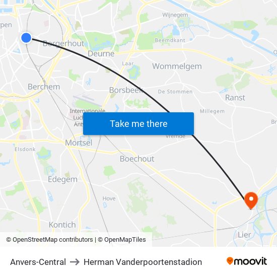 Anvers-Central to Herman Vanderpoortenstadion map