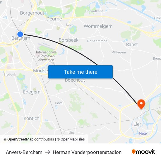Anvers-Berchem to Herman Vanderpoortenstadion map
