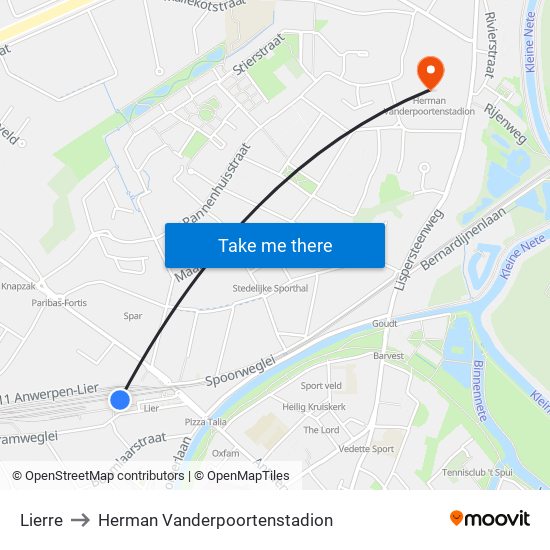 Lierre to Herman Vanderpoortenstadion map