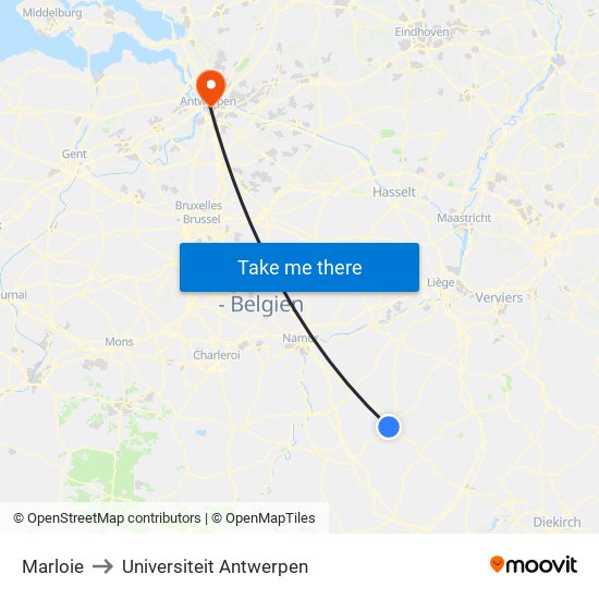 Marloie to Universiteit Antwerpen map