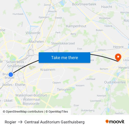 Rogier to Centraal Auditorium Gasthuisberg map