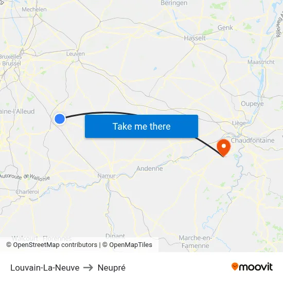 Louvain-La-Neuve to Neupré map