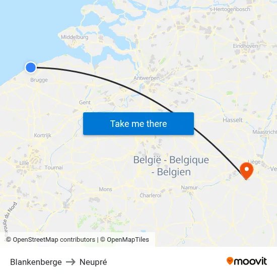 Blankenberge to Neupré map