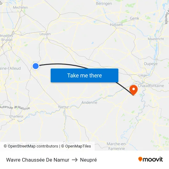 Wavre Chaussée De Namur to Neupré map