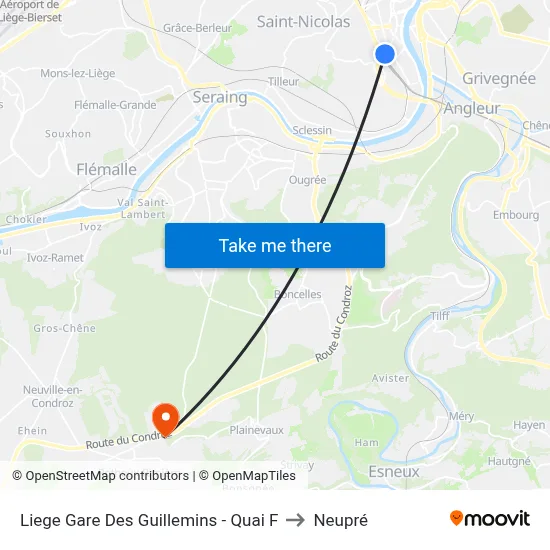 Liege Gare Des Guillemins - Quai F to Neupré map