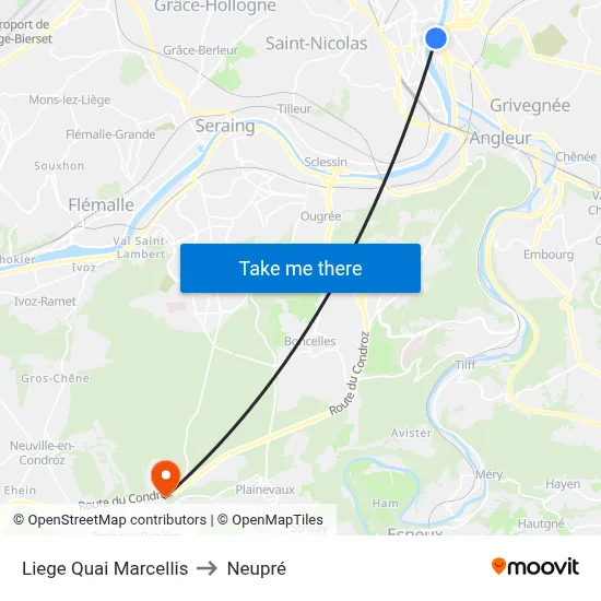Liege Quai Marcellis to Neupré map