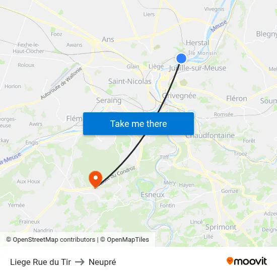 Liege Rue du Tir to Neupré map