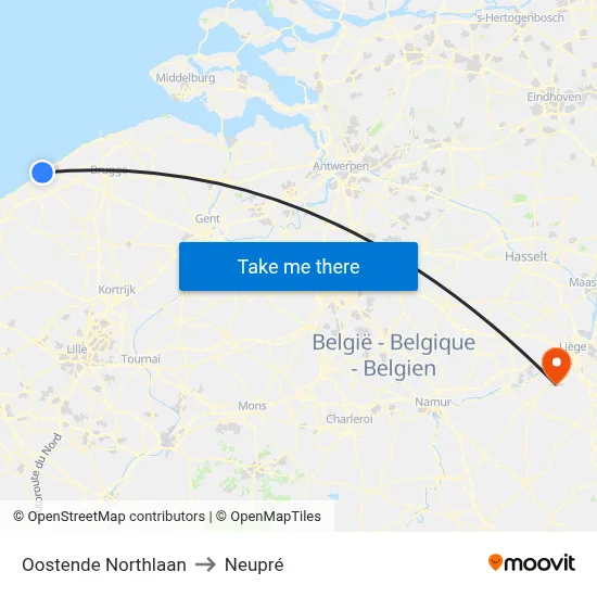Oostende Northlaan to Neupré map