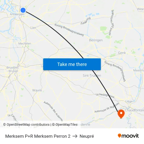Merksem P+R Merksem Perron 2 to Neupré map