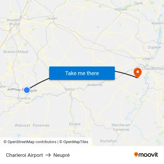 Charleroi Airport to Neupré map